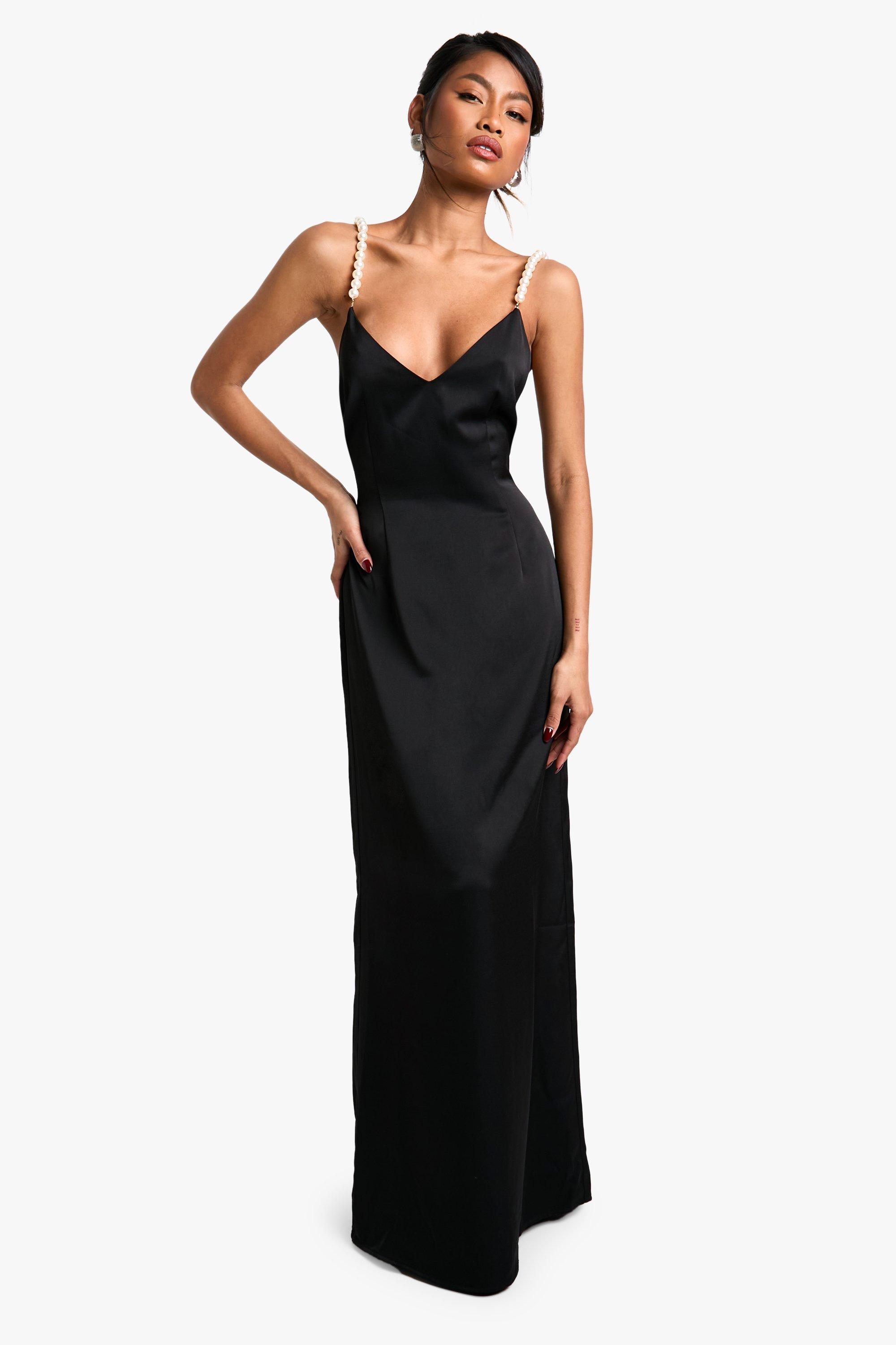 Pearl Trimmed Black Formal Dress