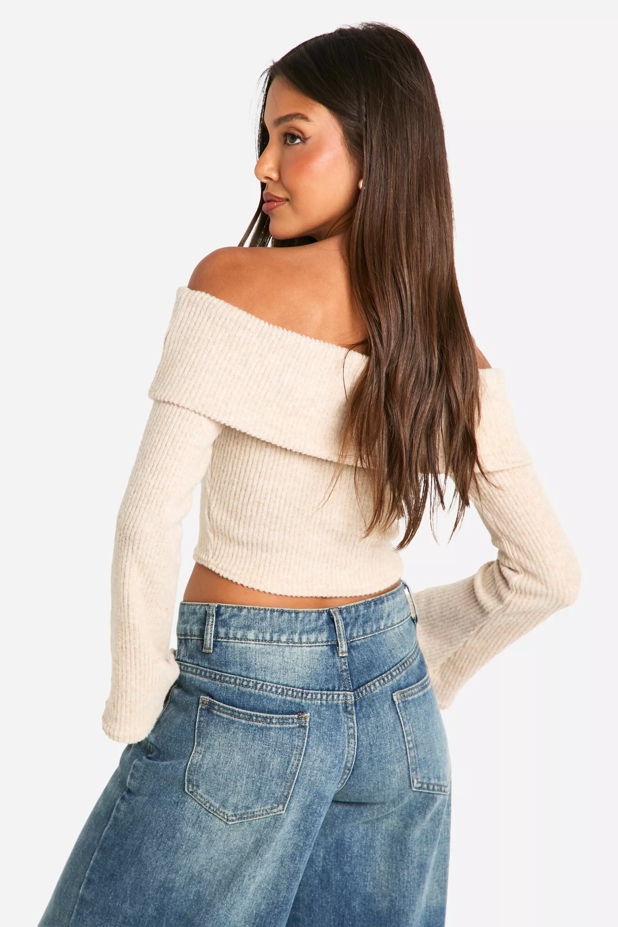 Stone Brushed Rib Fold Over Bardot Top alternative image
