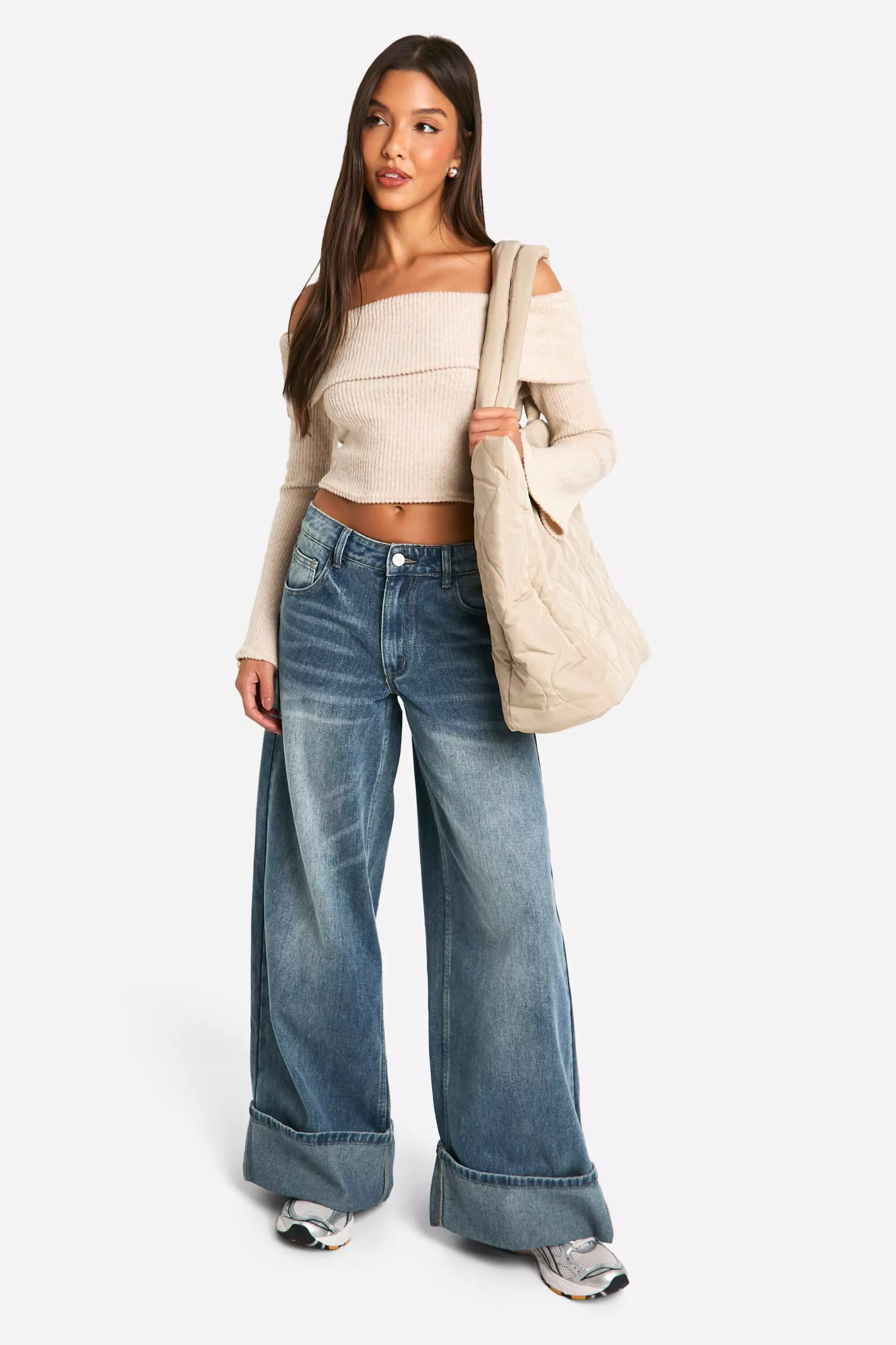 Stone Brushed Rib Fold Over Bardot Top alternative image