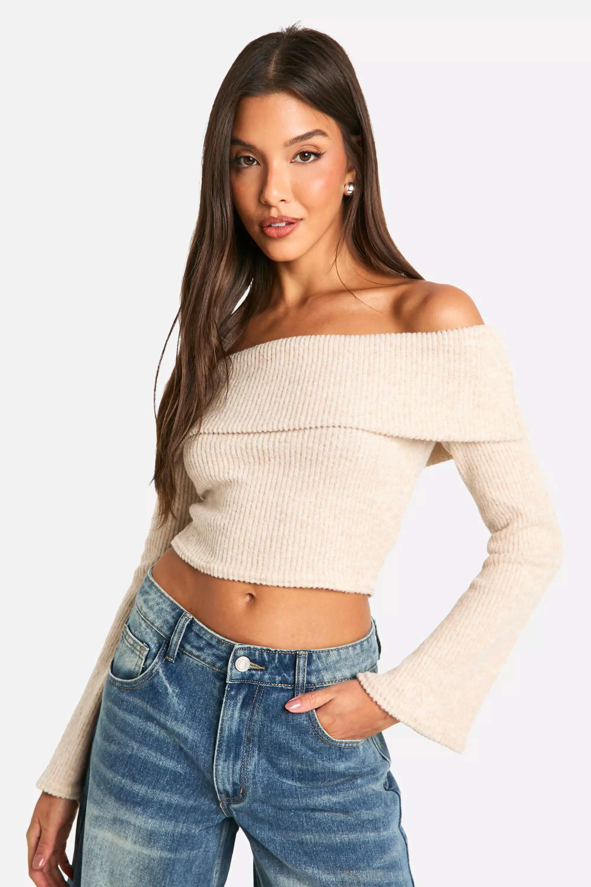 Stone Brushed Rib Fold Over Bardot Top alternative image