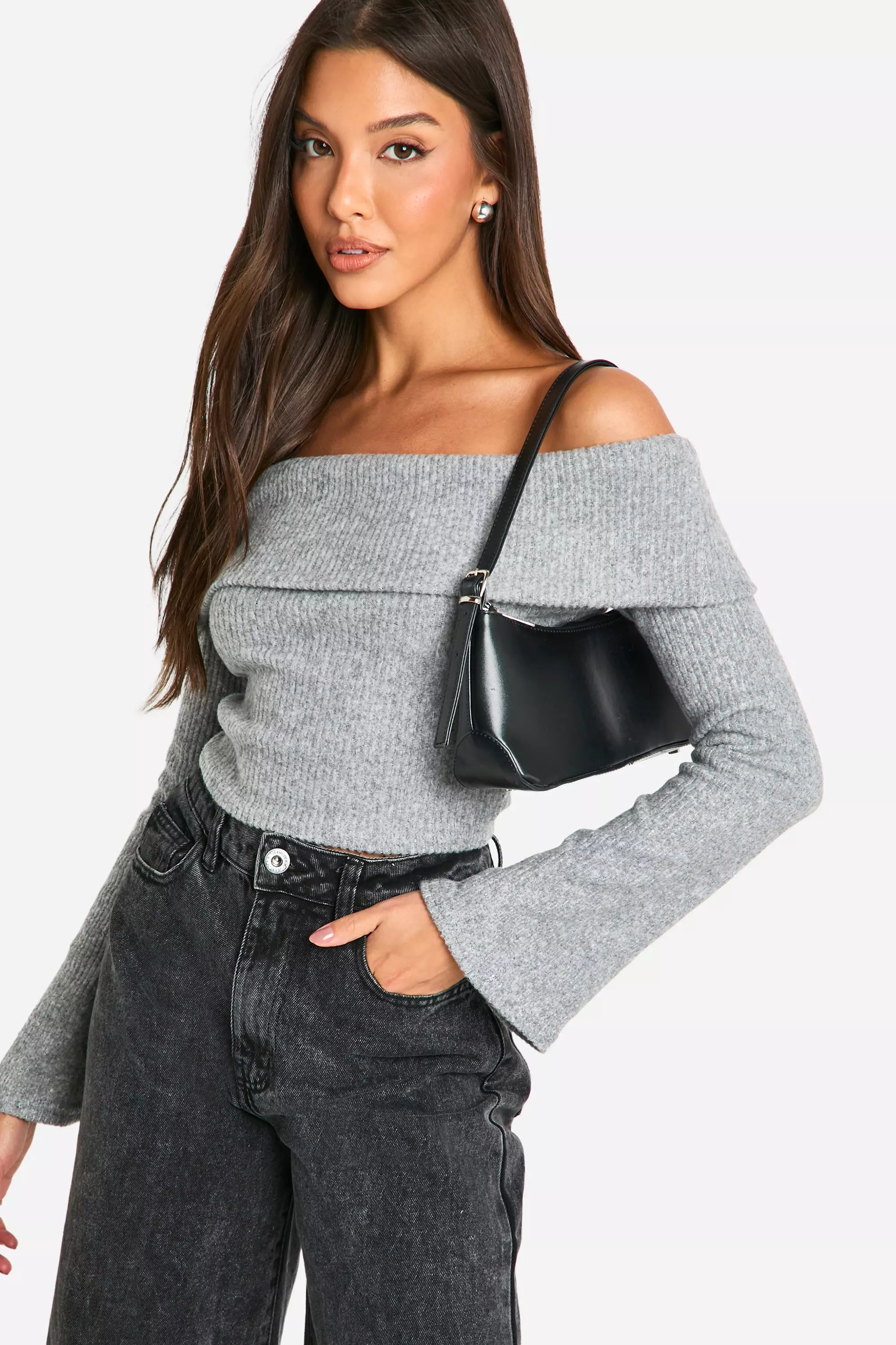 Grey marl Brushed Rib Fold Over Bardot Top alternative image