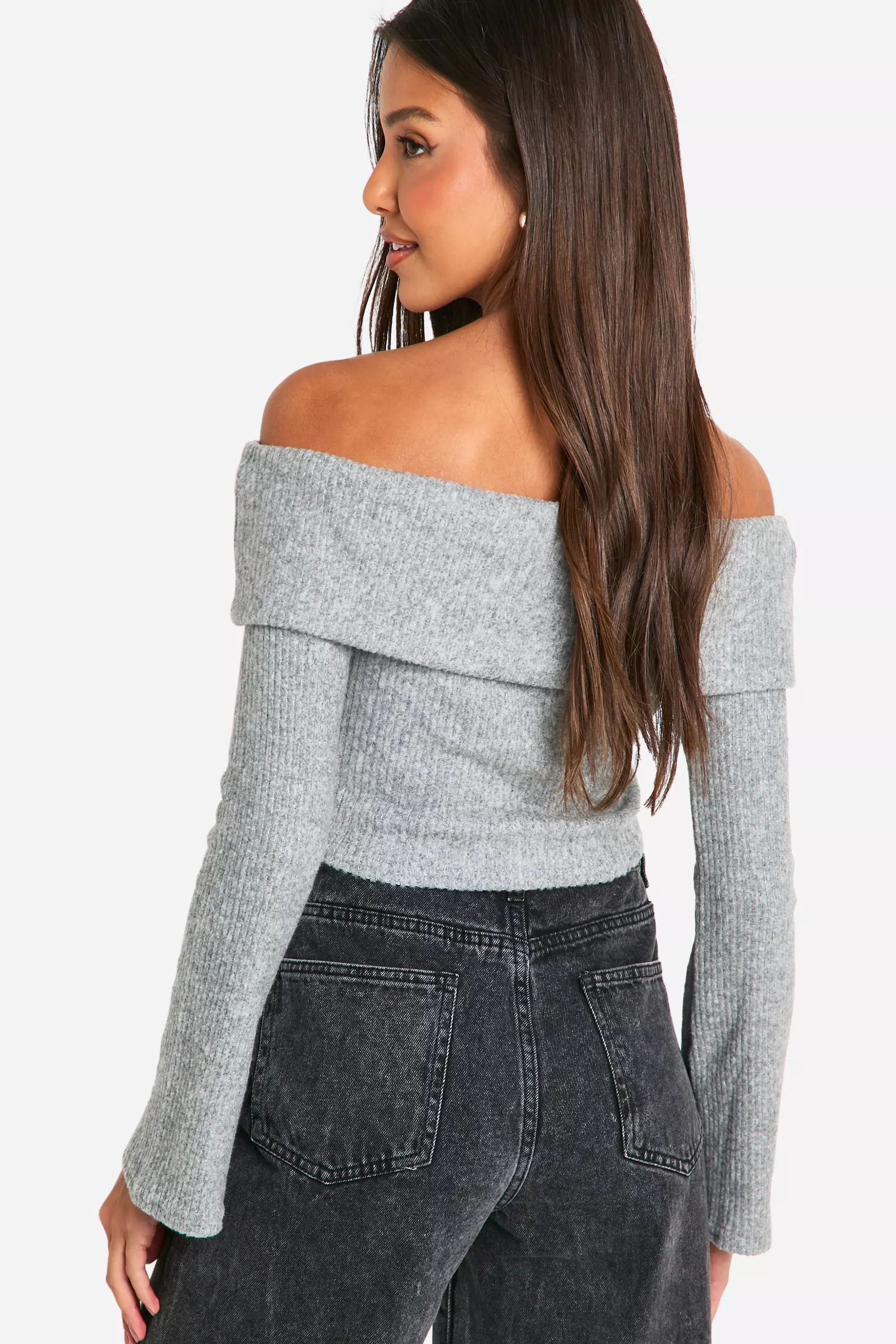 Grey marl Brushed Rib Fold Over Bardot Top alternative image