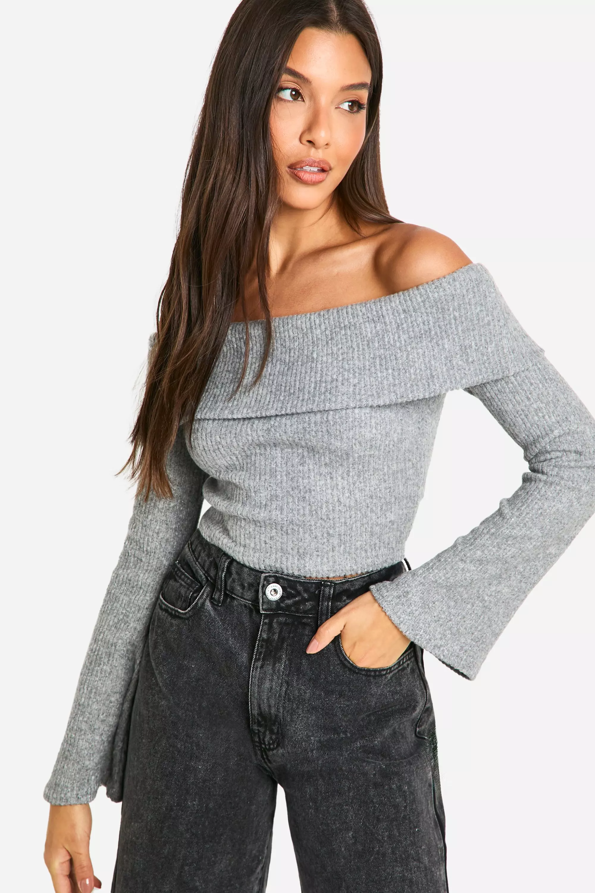 Grey marl Brushed Rib Fold Over Bardot Top alternative image