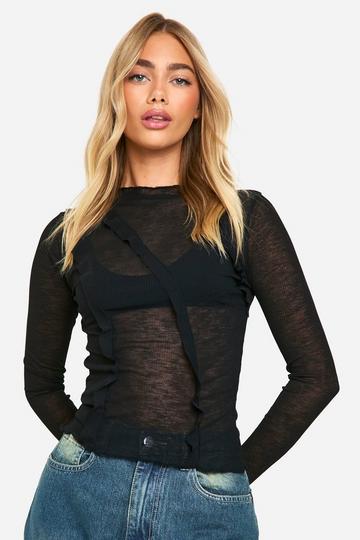 Black Textured Mesh Frill Front Long Sleeve Top