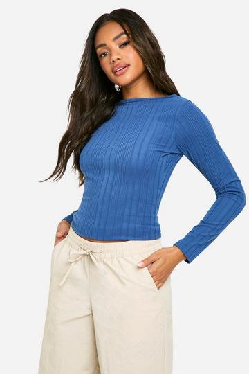 Brushed Rib Crew Neck Long Sleeve Top blue