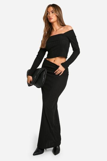 Black Brushed Rib Fold Over Waistband Maxi Skirt