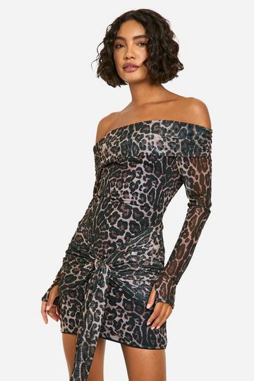 Tall Leopard Mesh Bardot Twist Front Mini Dress animal