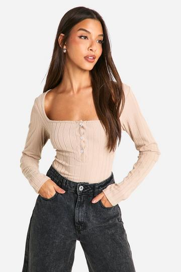 Brushed Rib Square Neck Button Top stone