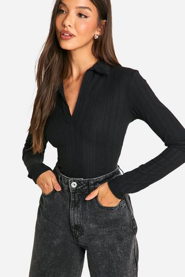 Brushed Rib V Neck Collared Top black