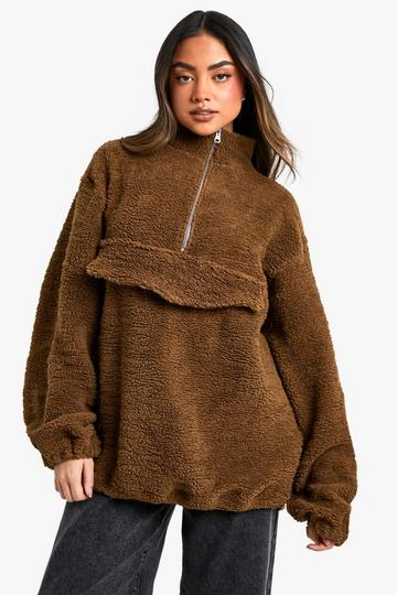 Oversized Kangaroe Trui Met Korte Rits En Wijde Mouwen taupe