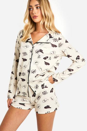 Beige Western Print Long Sleeve Shirt And Short Pajama Set