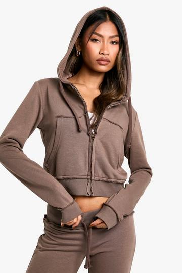 DISTRESSED DETAIL SHRUNKEN ZIP THROUGH HOODIE mocha