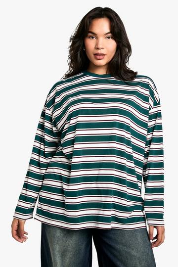 Plus Crew Neck Stripe Long Sleeve Oversized T-Shirt emerald