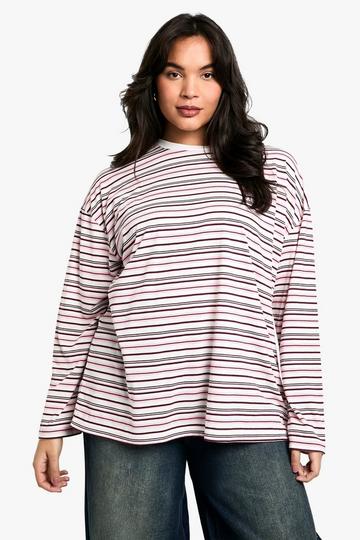 Burgundy Red Plus Crew Neck Stripe Oversized T-Shirt