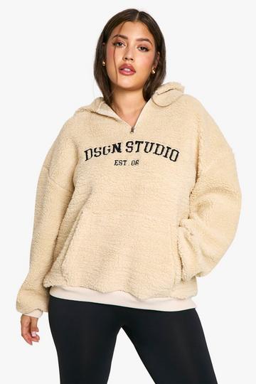 PLUS DSGN STUDIO EMBROIDERED BORG HALF ZIP HOODIE grey