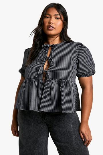 Plus Stripe Tie Front Smock Top black