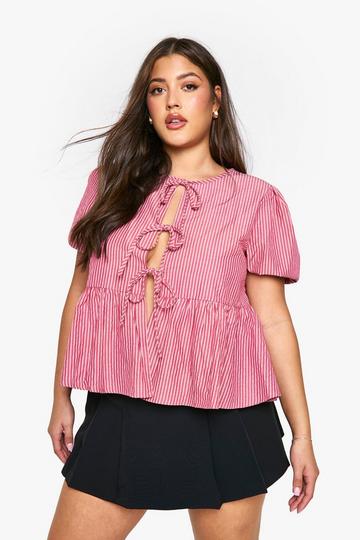 Plus Stripe Tie Front Smock Top cherry