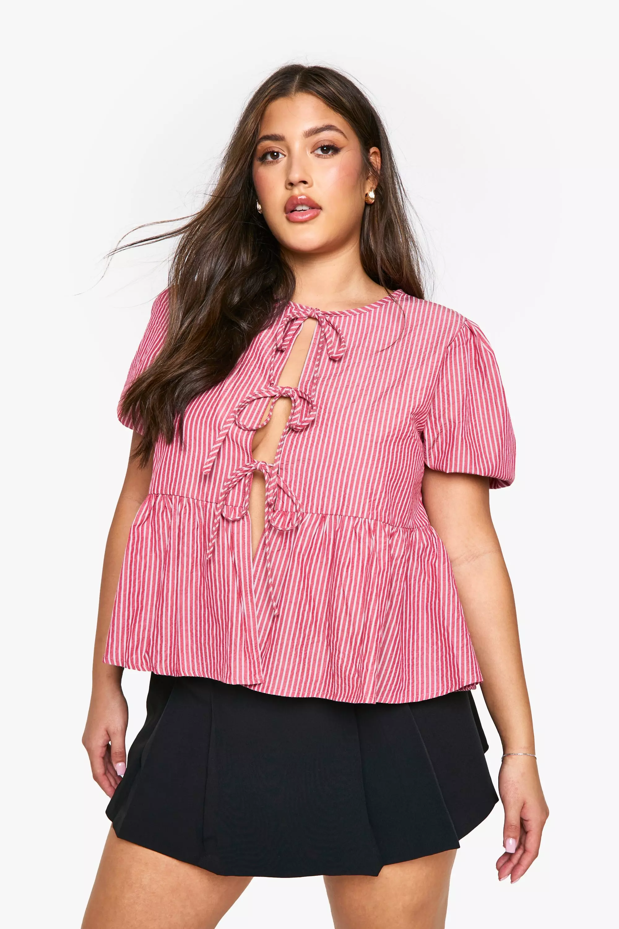 Cherry Plus Stripe Tie Front Smock Top  alternative image