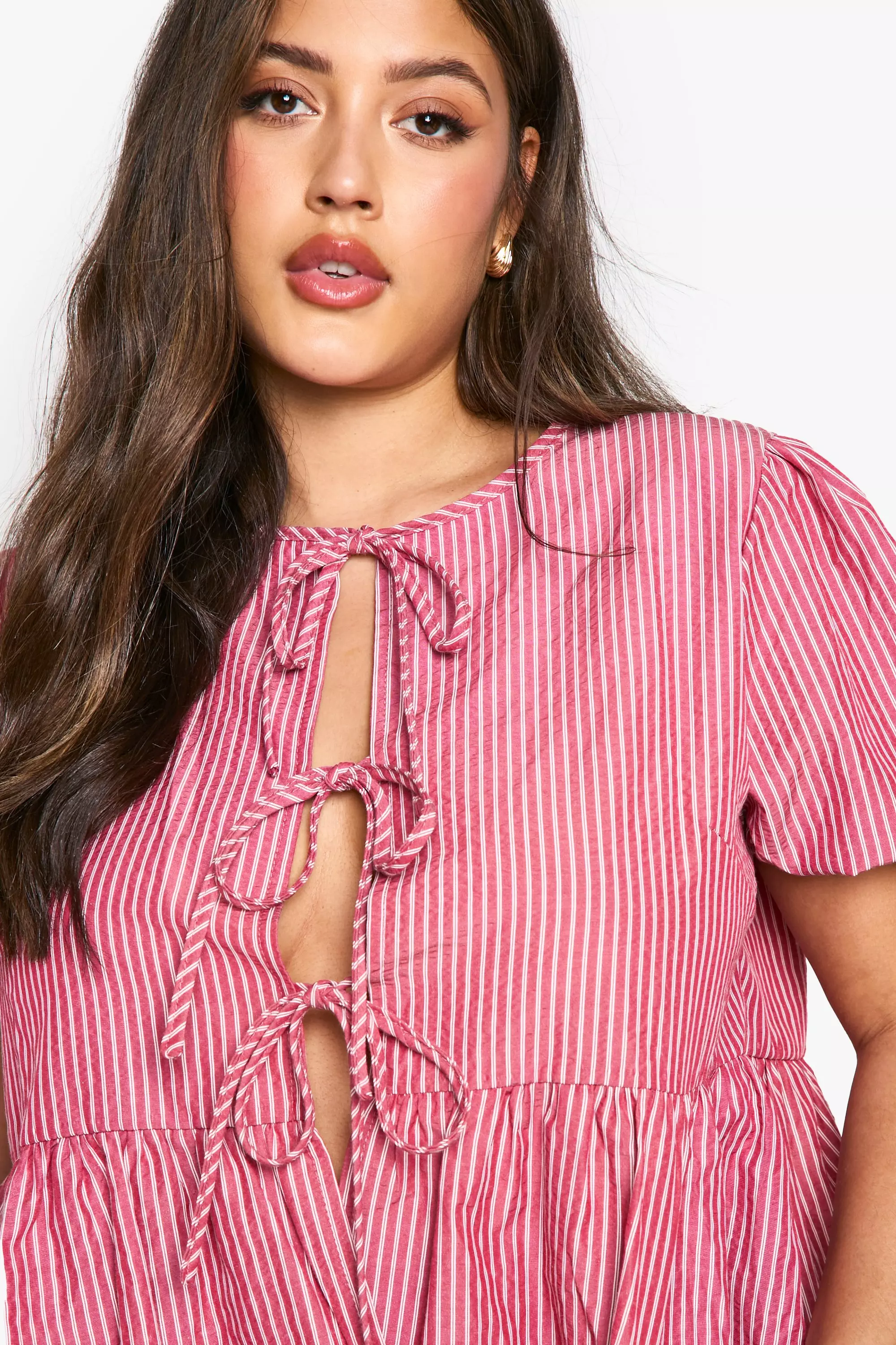 Cherry Plus Stripe Tie Front Smock Top  alternative image