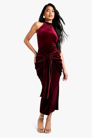 Velvet Tie Waist Racer Maxi Dress plum