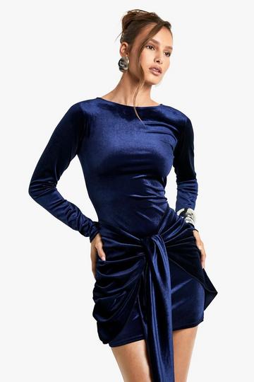 Velvet Tie Waist Long Sleeve Mini Dress navy