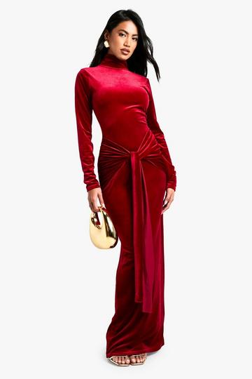 Red Velvet Tie Waist Maxi Dress