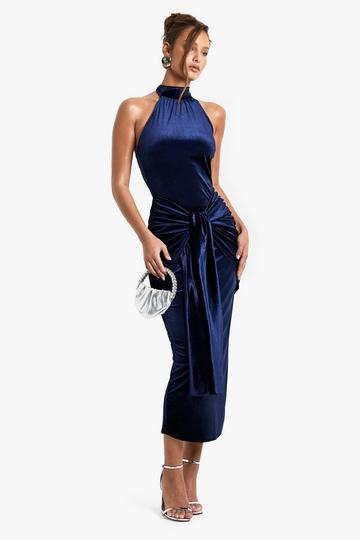 Velvet Tie Waist Racer Maxi Dress navy