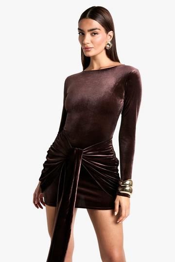 Velvet Tie Waist Long Sleeve Mini Dress chocolate