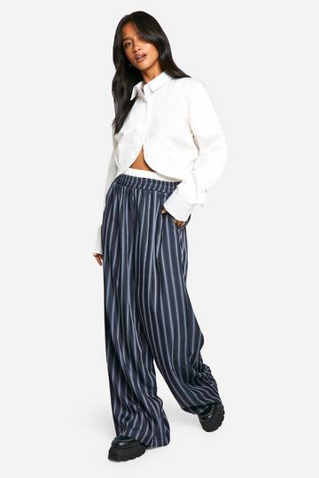 Navy Petite Stripe Contrast Waistband Wide Leg Trouser