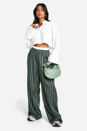 Petite Stripe Contrast Waistband Wide Leg Trouser green