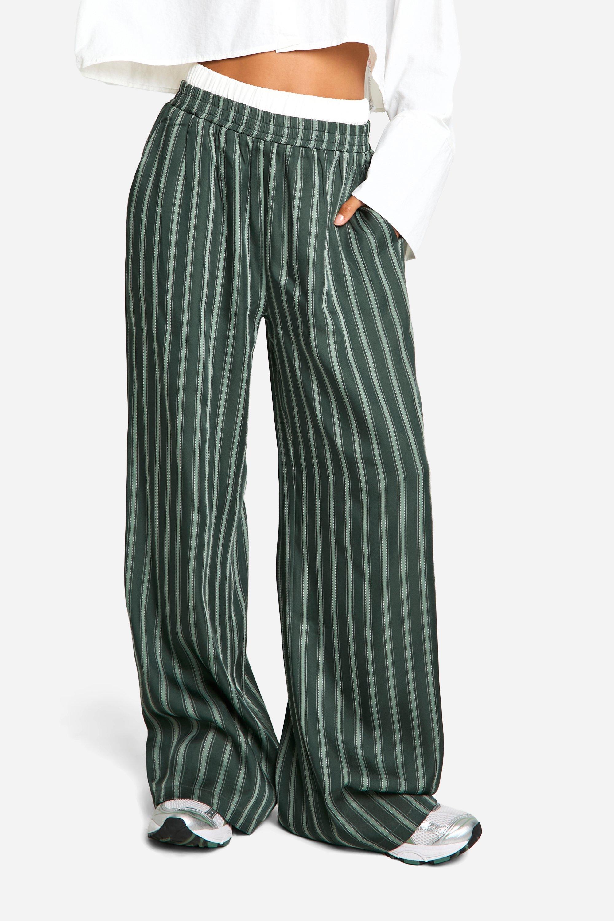 Petite Stripe Contrast Waistband Wide Leg Trouser