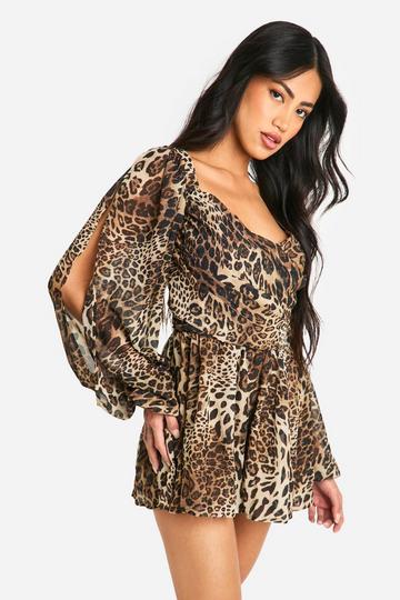 Animal Print Split Sleeve Playsuit brown