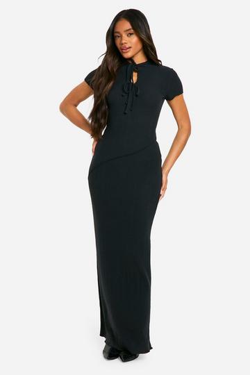 Black Cut Out Tie Neck Short Sleeve Maxi Dress