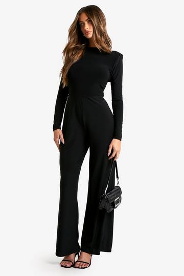 Shoulder Pad Strappy Back Wide Leg Jumpsuit black