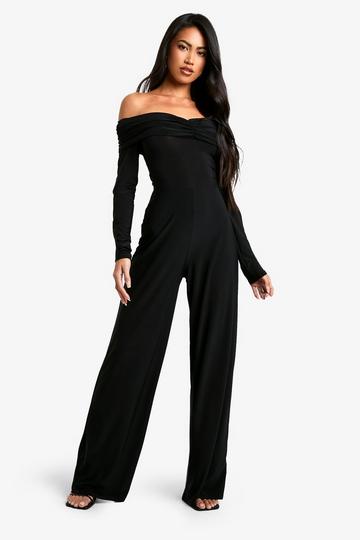 Black Deep Ruched Bardot Wide Leg Jumpsuit