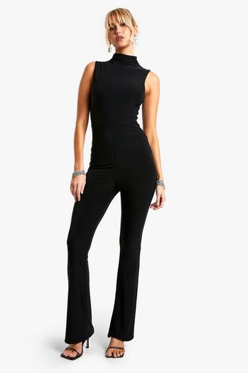 Black High Neck Flare Leg Double Slinky Jumpsuit