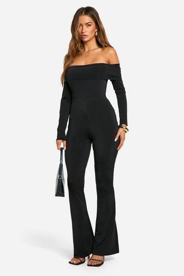 Long Sleeve Open Back Bardot Jumpsuit black