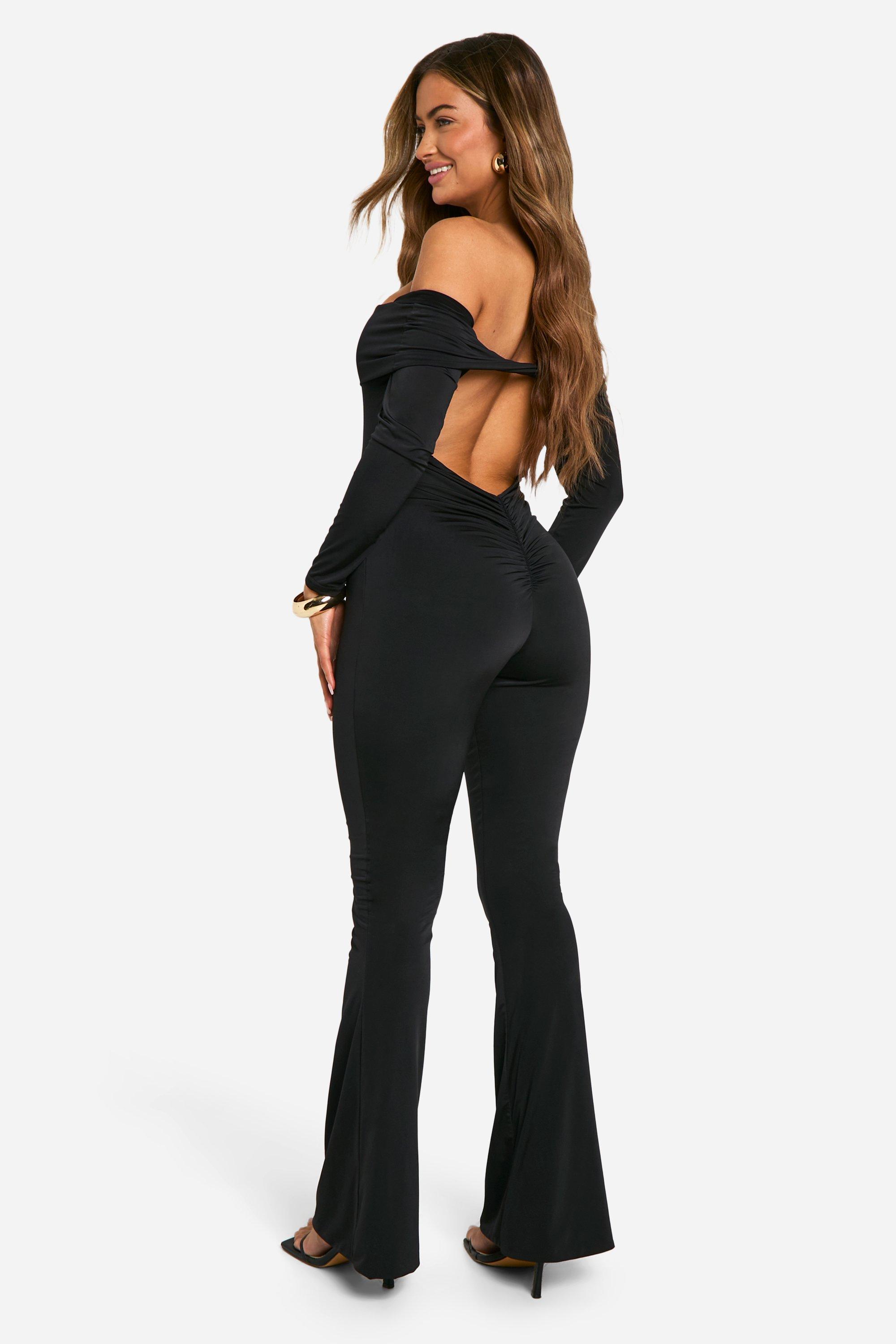 Boohoo Women s Long Sleeve Open Back Bardot Jumpsuit Black