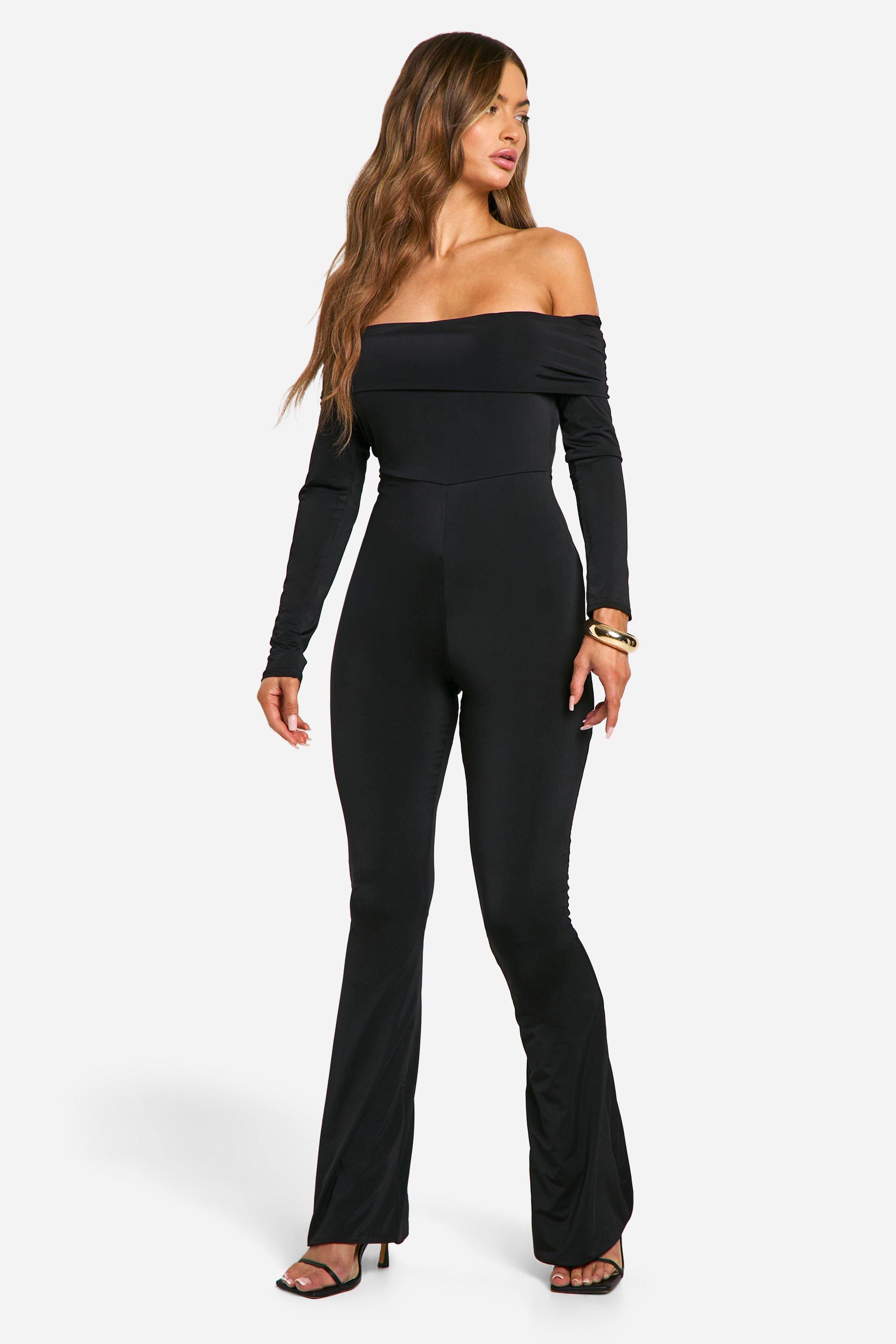 boohoo Long Sleeve Open Back Bardot Jumpsuit Black Size 12