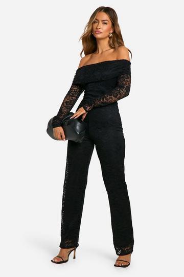 Lace Bardot Wide Leg Jumpsuit black