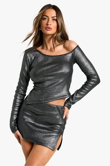 Silver METALLIC RIB ASYM LONG SLEEVE TOP