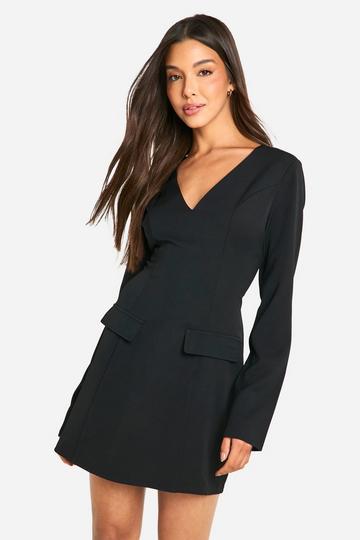 Black V Neck Long Sleeve Tailored Mini Dress