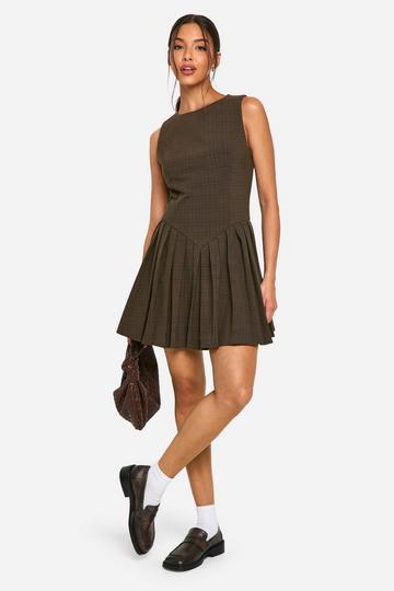 Check Pleated Tailored Dress chocolate