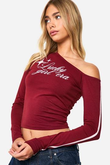 OFF SHOULDER STRIPE SLEEVE TOP WITH PRINT burgundy