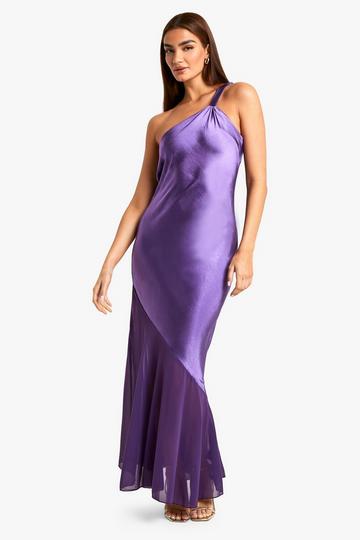 Purple Asymmetric Satin and Chiffon Mix Maxi Dress