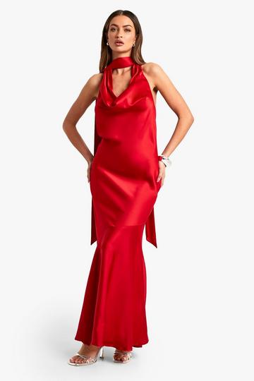 Red Satin Halterneck Maxi Dress