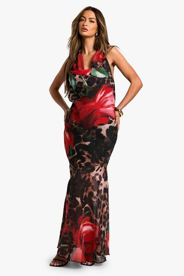 Chiffon Luipaardprint Bloemen Maxi Jurk Met Halter Neck multi