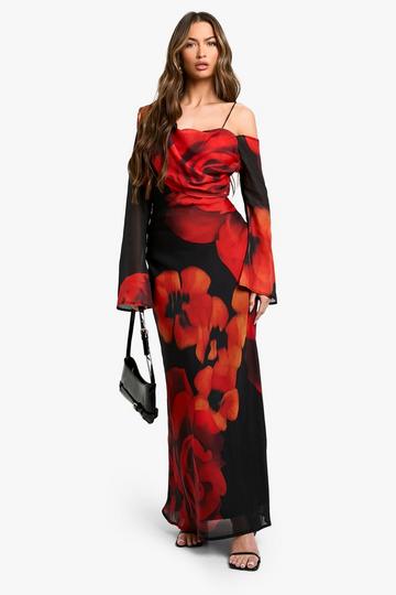 Asymmetrische Chiffon Bloemen Maxi Jurk black