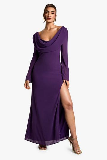 Chiffon Cowl Long Sleeve Maxi Dress purple