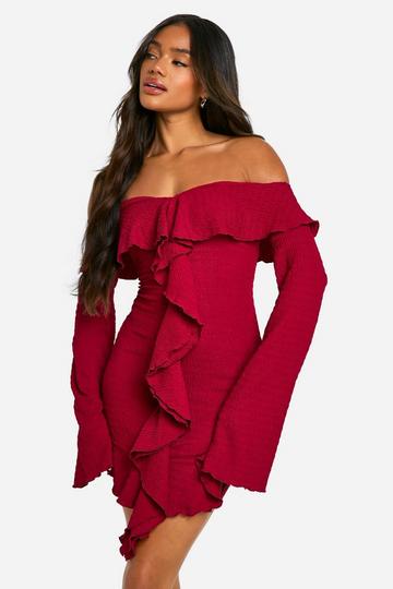 Textured Bardot Ruffle Mini Dress cherry